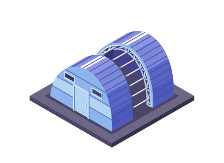 Isometric View Of A Modern Industrial Storage Building. Vector Architecture Showcases A Unique Metal Frame Constructionのイラスト素材
