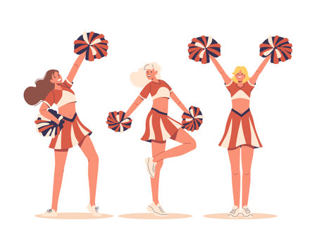Three Cheerleader Girls In Performance, Team Sports Or Cheerleading Competitions, Showcasing High Energy And Teamworkのイラスト素材