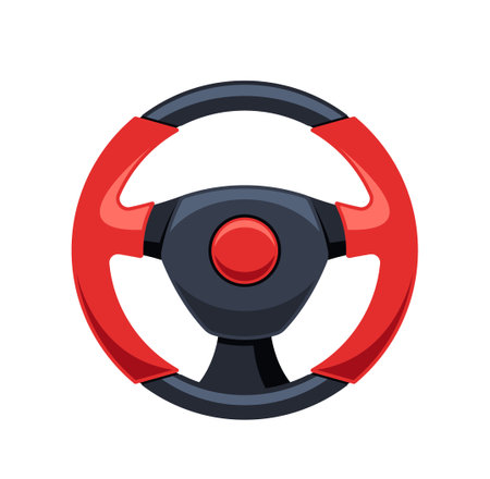 Modern Car Steering Wheel, Featuring A Sleek Red And Black Design Isolated On White Background, Vector Illustrationのイラスト素材