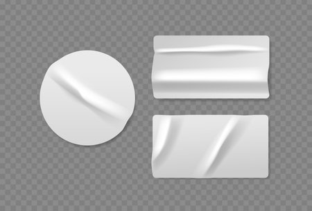Set Of White Crumpled Stickers In Different Shapes, Circular And Rectangular, Isolated On Transparent Backgroundのイラスト素材