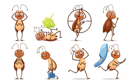 Set Of Animated Cartoon Cockroach Characters Displaying Different Emotions And Actions. Vector Illustrationsのイラスト素材