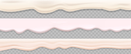 Set Of Flowing Cream Textures Isolated On Transparent Background. Realistic 3d Vector Smooth And Creamy Bordersのイラスト素材