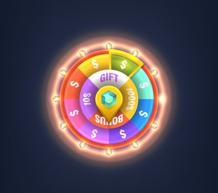 Vibrant, Glowing Wheel Of Fortune Game With Various Prize Options Including Cash, Bonuses, And Giftsのイラスト素材