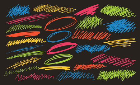 Vibrant Collection Of Colorful Hand-drawn Scribbles, Circles, And Lines On Black Background. Vector Imagesのイラスト素材