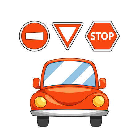 Colorful Illustration Featuring A Cute Red Car And Three Road Signs No Entry, Yield And Stop, Vector Imageのイラスト素材