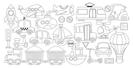 Black And White Vector Illustration Featuring Diverse Transportation Elements, Cars, Planes, Boats, Trains, And Scootersのイラスト素材