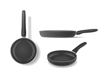 Realistic 3d Vector Illustration Of Three Non-stick  Frying Pans In Different Views. Cookware Perfect For Cookingのイラスト素材