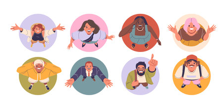 Diverse People Looking Up With Cheerful And Excited Expressions Isolated Vector Round Icons Or Avatarsのイラスト素材