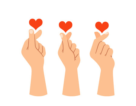 Three Hands Making Tiny Heart Gestures With Fingers, Symbolizing Love, Affection, And Connection, Vector Illustrationのイラスト素材