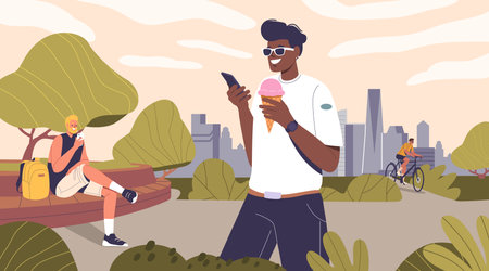 People Enjoying Leisure Time In A Modern City Park. Cartoon Vector Relaxing Urban Outdoor Scene With Charactersのイラスト素材