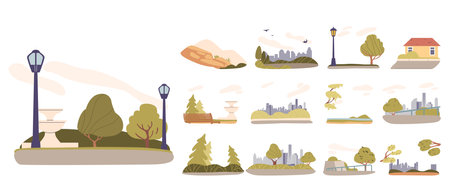 Set Of Different Scenic Landscapes Includes Urban Park, Countryside And Waterfront, Illustration Of Diverse Environmentsのイラスト素材