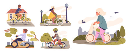 Kids Bicycling Outdoors In Different Settings, Showcasing Leisure, Fitness And Transportation, Vector Illustrationのイラスト素材