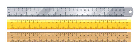 Three Vector Measuring Rulers Made From Metal, Plastic, Wood. Each Ruler Features Both Centimeter And Inch Measurementsのイラスト素材