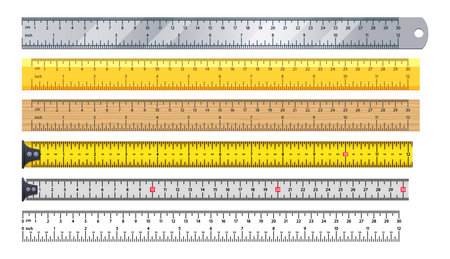 Measuring Rulers Displayed In Various Materials And Colors, Including Metallic, Wooden, And Plastic Optionsのイラスト素材