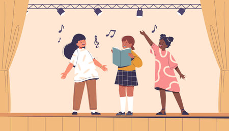 Three Children Sing Joyfully In A Choir On Stage, With Music Notes Around Them. The Scene Captures A Sense Of Harmonyのイラスト素材