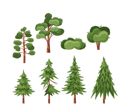 Diverse Set Of Cartoon Trees And Shrubs In Various Shapes And Size, For Nature-themed Designs, Educational Materialsのイラスト素材