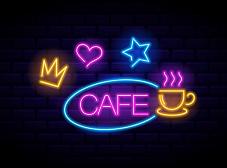 Glowing Retro Neon Sign With Word Cafe Surrounded By Vibrant Coffee Cup, Heart, Crown And Star Evoke Sense Of Nostalgiaのイラスト素材