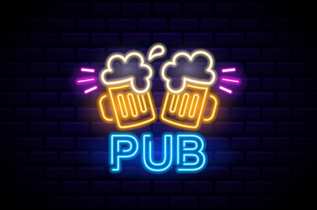 Bright And Colorful Retro Neon Sign Depicting Two Beer Mugs With Foam And The Word Pub Set Against A Dark Brick Wallのイラスト素材