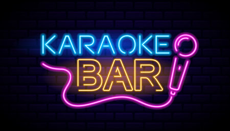 Eye-catching Retro Neon Vector Sign For A Karaoke Bar With Vibrant Colors And A Microphone Design, Vector Illustrationのイラスト素材