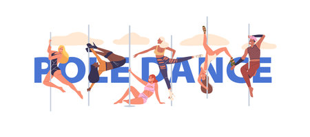 Diverse Group Of People Performing Various Pole Dance Moves. Poster, Banner Or Flyer Showcases Different Body Typesのイラスト素材