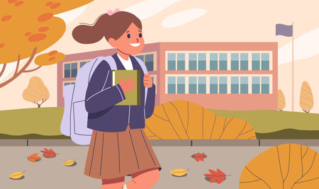 Cheerful Schoolgirl Walking To School, Carrying A Book And Wearing Backpack, With The School Building And Fall Foliageのイラスト素材