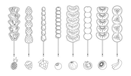 Black And White Illustration Of Tanghulu, Traditional Chinese Street Food Made Of Candied Fruit Skewers. Outline Imageのイラスト素材