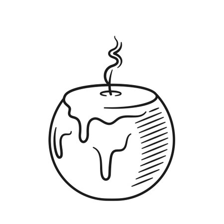 Black And White Hand Drawn Vector Image Of Melting Candle With A Soft Trail Of Smoke. Line Art Design Captures Cozinessのイラスト素材