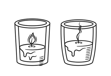 Black And White Vector Illustration Of Two Candles In Glass Holders. One Candle Is Lit, While The Other Is Extinguishedのイラスト素材