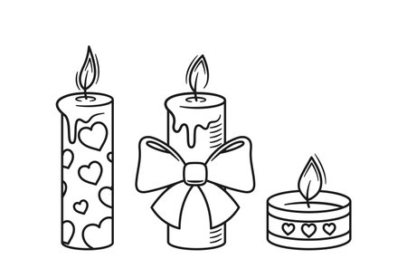 Black And White Hand-drawn Vector Image Of Three Decorative Candles With Heart Patterns And A Bowのイラスト素材