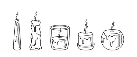 Vector Illustration Features Five Hand-drawn Doodle Candles In Various Shapes And Sizes, Emitting Smokeのイラスト素材