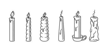 Collection Of Six Hand-drawn Candles, Each With A Unique Design And Shape. Vector Doodle Illustrationsのイラスト素材