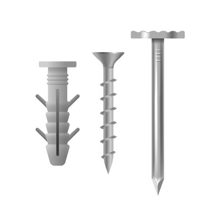 Three Different Fasteners Including A Wall Plug, A Screw, And A Nail Ideal For Construction, Hardware, And Diy Projectsのイラスト素材