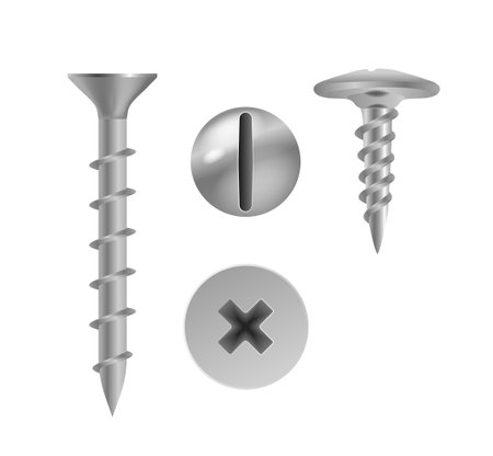 Metallic Screws And Fasteners Including Flathead And Crosshead Designs. Perfect For Construction, Repair And Designのイラスト素材