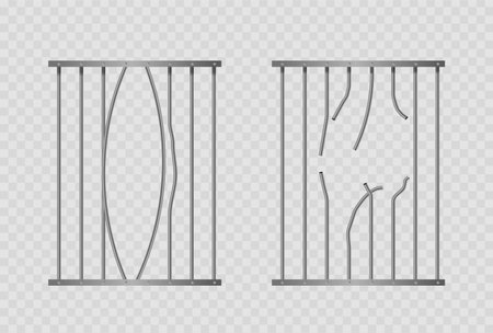 Two Sets Of Prison Bars, One Set Bent And The Other Broken, Isolated On A Transparent Background. Realistic 3d Vectorのイラスト素材