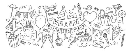 Doodle Birthday Celebration Vector Elements Including Birthday Cake, Candles, Birthday Hat and Balloons. Bunting, Hornのイラスト素材