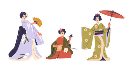 Traditional Japanese Dancers In Kimono Performing And Playing Musical Instrument, Cartoon Vector Illustrationのイラスト素材