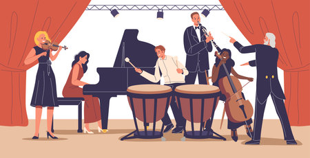 Musicians Playing Instruments In A Symphony Orchestra On Stage With Conductor Leading The Performanceのイラスト素材
