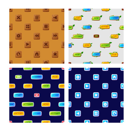 Set Of Seamless Patterns with Game Menu Elements For Video Interface. Wooden And Colorful Buttons With Settingsのイラスト素材