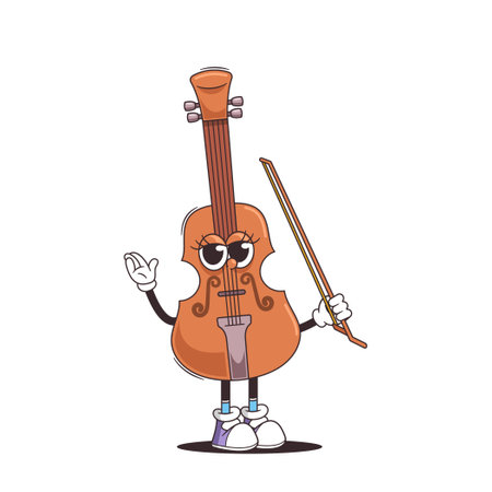 Cute Cartoon Cello Or Violin Character Equipped With A Bow In Fun Retro Style. Musical Instrument. Vector Illustrationのイラスト素材