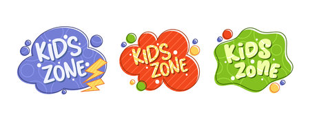 Colorful Cartoon Vector Kid Zone Featuring Playful Designs In Blue, Red, And Green With Bold Text And Fun Elementsのイラスト素材