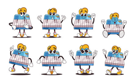 Collection Of Retro Cartoon Piano Keyboard Characters In Various Poses And Expressions For Kids Content And Educationのイラスト素材