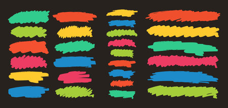 Vibrant Brush Strokes In Various Colors On Black Background. Abstract Art Piece Highlights Bold Hues And Dynamic Shapesのイラスト素材