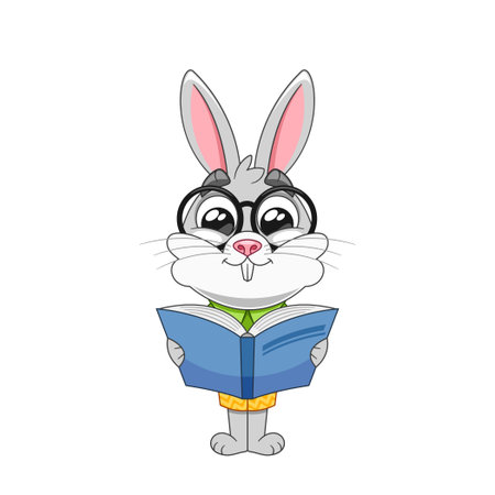 Charming Cartoon Rabbit Holding A Book And Wearing Glasses Evoking Feelings Of Learning And Curiosity. Vector Imageのイラスト素材