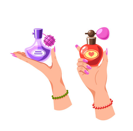 Two Elegant Women Hands Holding Perfume Bottles With Graceful Posture, Reflect A Sense Of Beauty And Sophisticationのイラスト素材