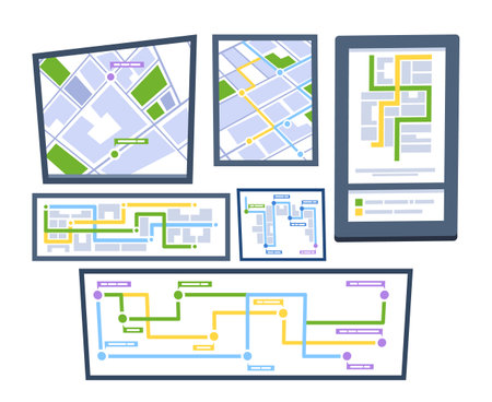 Set of Navigation Maps Displayed On Different Digital Devices Highlighting Colorful Routes And Pathways For Travelのイラスト素材