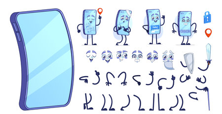 Creative Animation Set Featuring Various Animated Smartphone Characters with Interchangeable Faces And Armsのイラスト素材