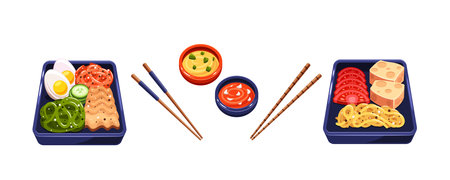 Traditional Korean Food Served In Elegant Bento Boxes Alongside Chopsticks. Cartoon Vector Vibrant Imageのイラスト素材
