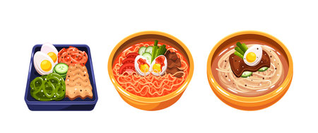 Traditional Korean Food Dishes Including Bibimbap And Noodle Soup Bowls. Cartoon Vector Image Displays Ingredientsのイラスト素材