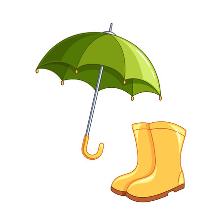 Green Umbrella And Yellow Rain Boots Isolated on White Background. Perfect Autumn And Rainy Weather Elementsのイラスト素材