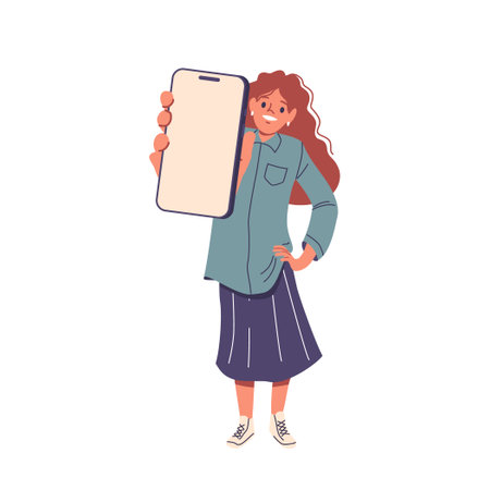Young Smiling Woman Holding A Large Smartphone Displaying A Blank Screen. Cartoon Vector Illustrationのイラスト素材